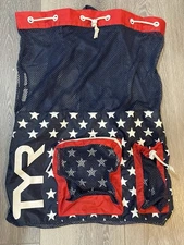 TYR 40L Big Mesh Mummy Backpack, Red White Blue Swim Bag Large Size