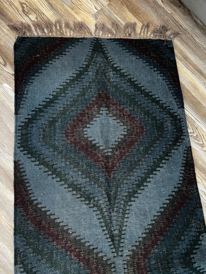 "Alfombra West Elm Katana Kilim 2,5 X 7"" azul Ming mezcla geométrica de lana" Foto 4 de 4