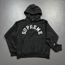 100 Authentic Supreme x Champion Pullover Hoodie Hooded Sweatshirt Black Size L