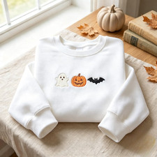 Embroidered Halloween Sweatshirt, Ghost Pumpkin Bat Spooky Season Tee