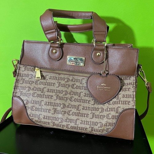 Juicy Couture Monogram Brown Logo Print Heart Charm Shoulder Bag Purse