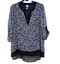 Chico  s Size 2 Animal Print High Low Blouse Black Trim Roll Tab Sleeve