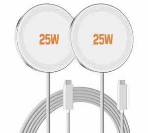 25W Fast Magnetic Wireless Charging Pad USB-C 4ft Nylon Cable White 2.2in