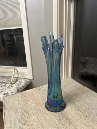 Vtg Fenton Cobalt Blue 11" Iridescent Opalescent Carnival Glass Fine Ribbed Vase