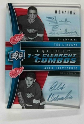 2009-10 UD TRILOGY ALEX DELVECCHIO TED LINDSAY COMBO CLEARCUT AUTO /100 #CC2-LD