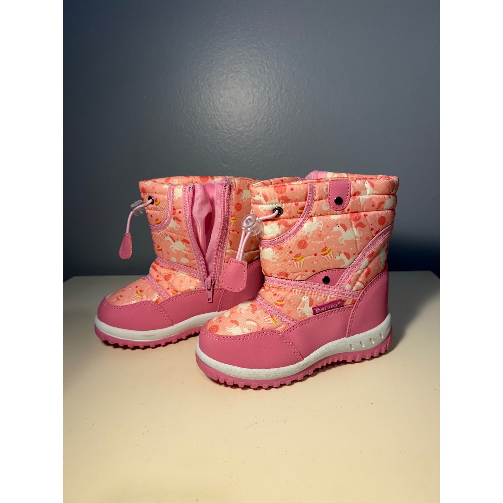 Merence Pink Unicorn Snow Boots Kids Size 11 Quilted Faux Fur Lined Winter Shoes