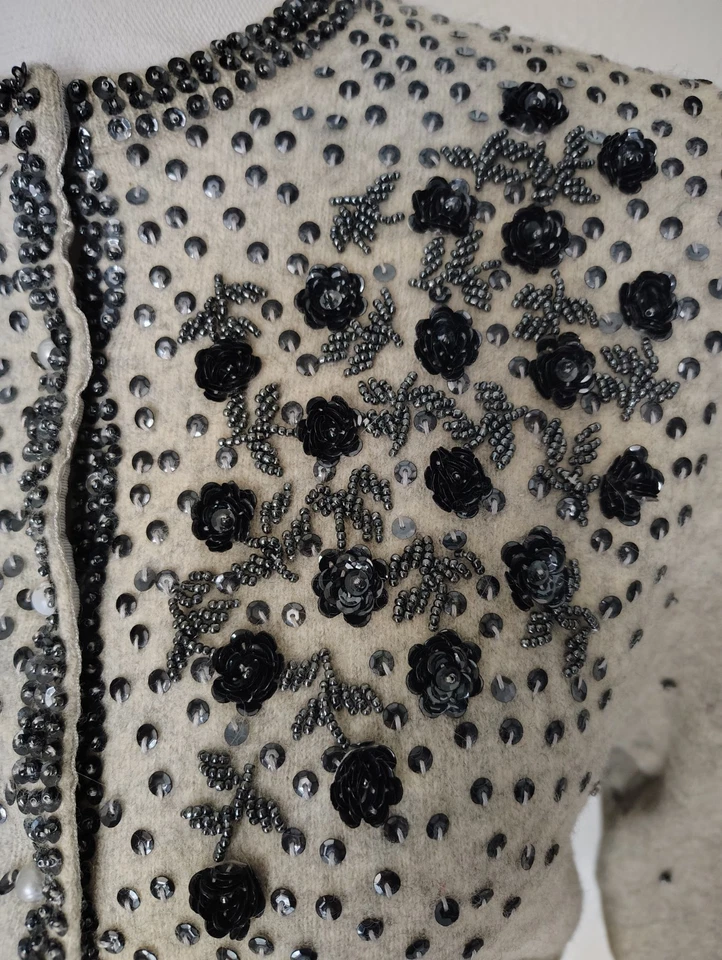 Винтажный 50-х Cardi кардиган свитер блестки бусина цветочный жемчуг кнопка размер XS/S - Изображение 3 из 4