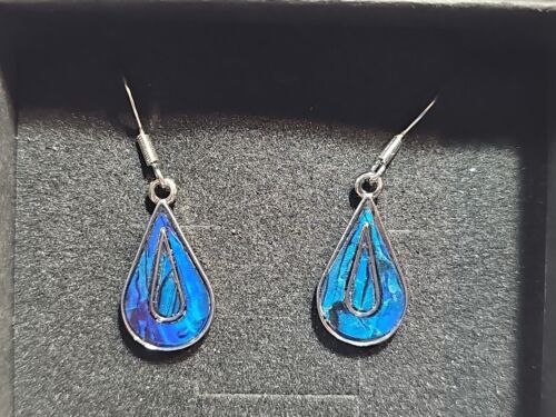 Handmade silver and blue teardrop dangle earrings with Surgical Steel Hooks - Picture 2 of 3