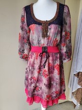 Lulumari Midi Dress Women Medium Red Purple Floral Artsy Layered Gauzy Waist Tie