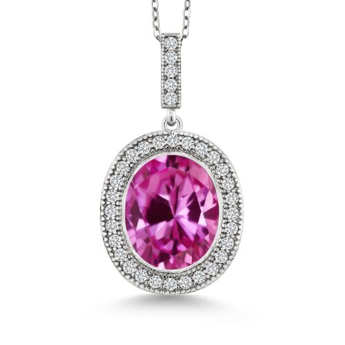 925 Sterling Silver Pink Created Sapphire Pendant Necklace For Women (6.41