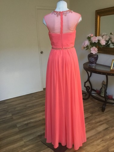 DANCING QUEEN Elegant Maxi Dress Sleeveless Embellished Stones Mesh Coral XS - Picture 9 of 13