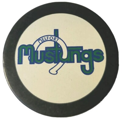 MELFORT MUSTANGS VINTAGE INGLASCO OFFICIAL GAME PUCK RARE SJHL MADE IN CANADA 