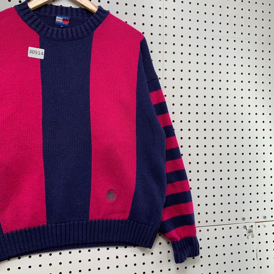 Suéter De Colección Años 90 Tommy Hilfiger Tejido Para Hombre Mediano Rosa AZUL Mezcla de Lino 22x25.5 Foto 4 de 4