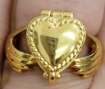 Victorian Trading Heart Hands Locket Ring Sterling Silver sz 30L