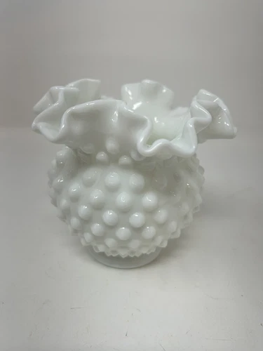 Fenton White 4" Ball Vase Hobnail Milk glass Ruffled Double Crimped Rim