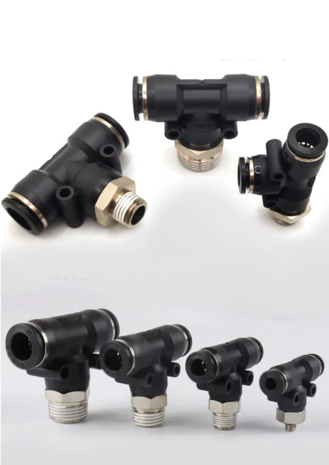 Pneumatic Tee BSP Male Stud To Hose Tube Inline Push Fit Connector Air Line