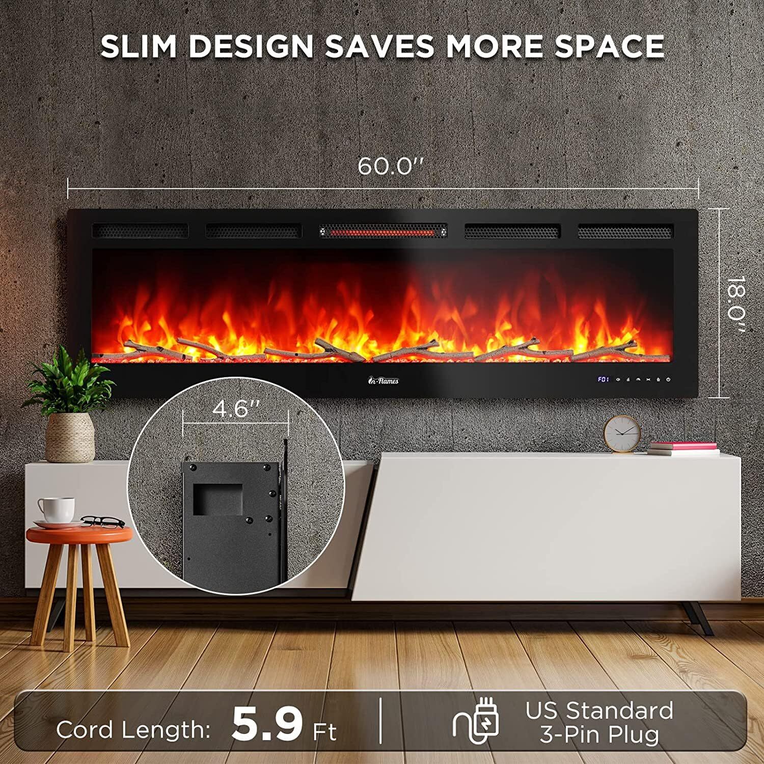 60" Electric Fireplace 1500W Heater Recessed Wall Mounted Fireplace Smart Wifi 