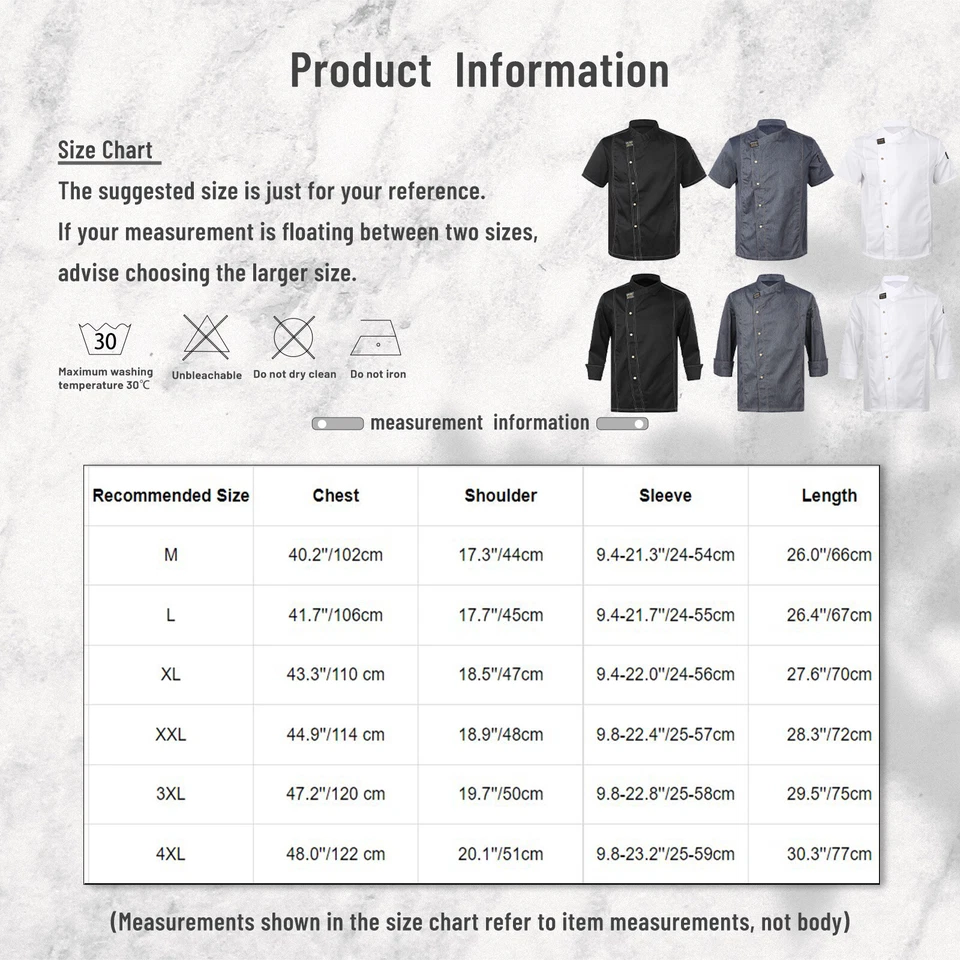 Mens Women Kitchen Work Uniform Chef Coat Cook Jacket Hotel Restaurant Shirt Top - Image 2 of 2