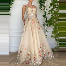 Sparkly Tulle Spaghetti strap Prom Dress 3D Sequin Floral Appliques Party Dress