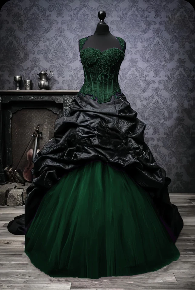 Vintage Gothic Wedding Dresses Victorian Black Jacquard Taffeta 1960s Ball Gowns - Image 4 of 4