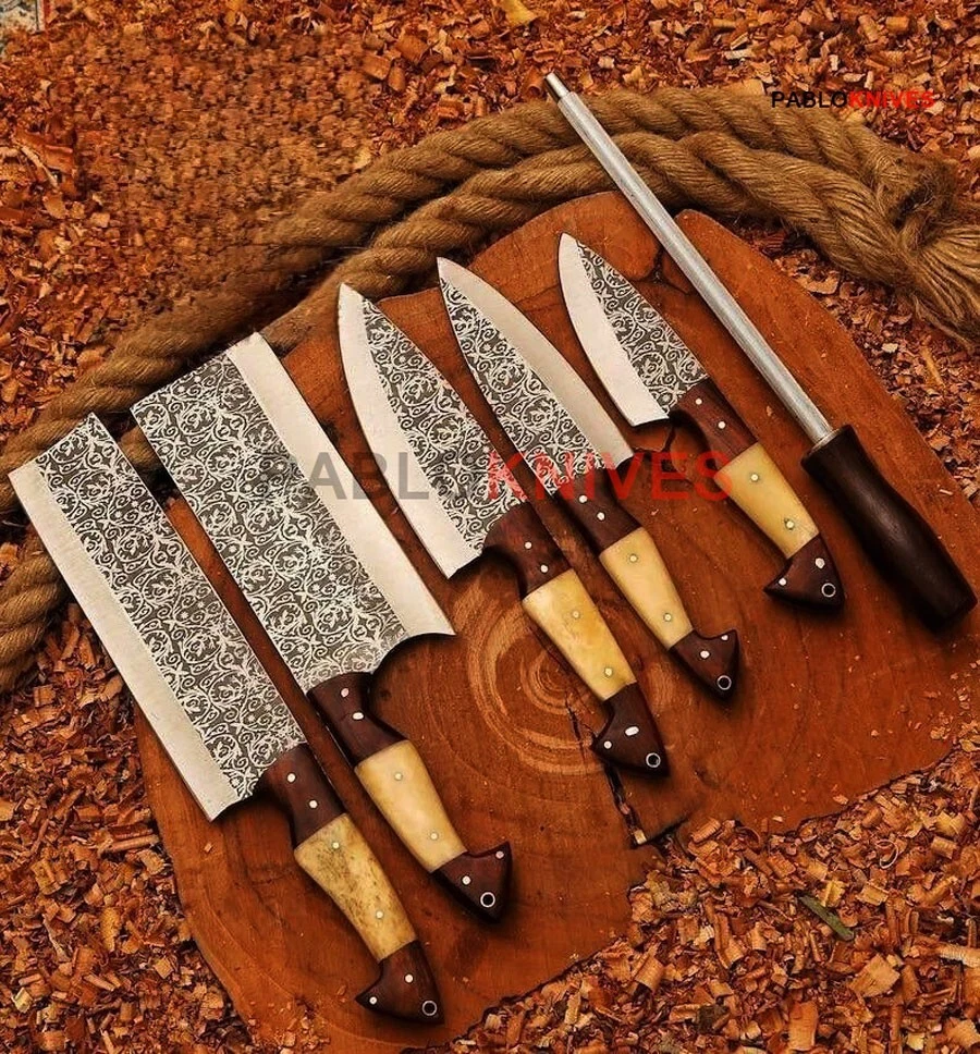 Set of 5 Carbon Steel Kitchen Chef Set knives , Outdoor, Camping Knives