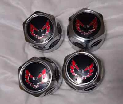 77-92 FIREBIRD TA ALUMINUM WHEEL RED BIRD PLASTIC CHROME CENTER CAPS SET 4 607P