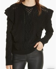 RARE Ralph Lauren Sweater Women L Merino Wool Aran Cable Knit Ruffle Crochet