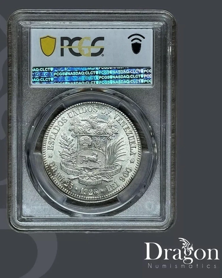 MONEDA DE PLATA ANTIGUA VENEZUELA 5 BOLÍVARES 1926 AU 55 0,900 PCGS 🐉 Foto 2 de 4