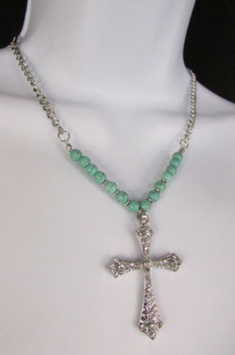 Hot Women Fashion Silver Metal Chain Necklace Turquoise Blue Beads Cross Pendant - Picture 6 of 7