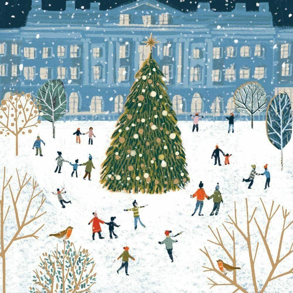 Christmas Cards Skating Around The Xmas Tree Foil Embossed Finish - Box of 10