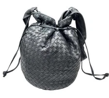 Bottega Veneta Black Leather Small Woven Round Drawstring Bucket Shoulder Purse