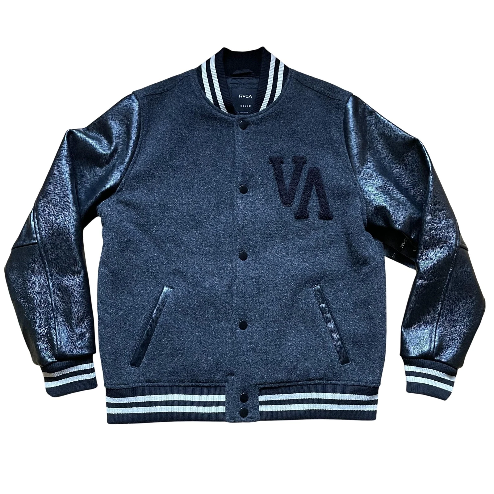RVCA Varsity Letterman Jacket Mens M Gray Black Real Leather Sleeves Wool NWT