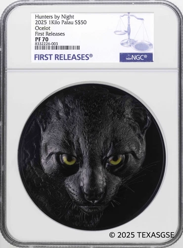 2025 Palau $50 1Kg Silver Hunters by Night - Ocelot Black Proof NGC PF70 FR