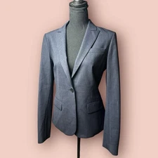 Theory Womens Suit Jacket Blazer Gray Blue Wool Blend Long Sleeve 6 Office Siren