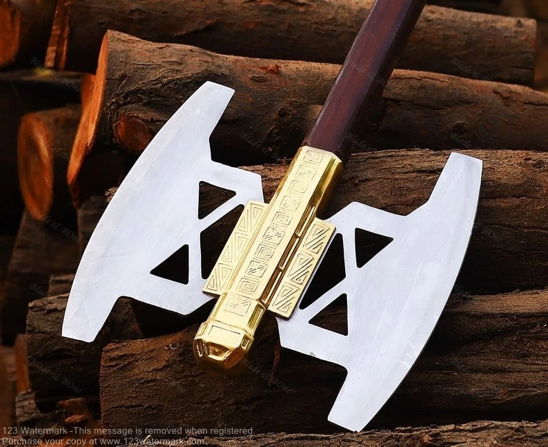 Hacha forjada a mano Hacha Gimli Breautiul Hacha de hoja de doble borde con funda de cuero Foto 3 de 4