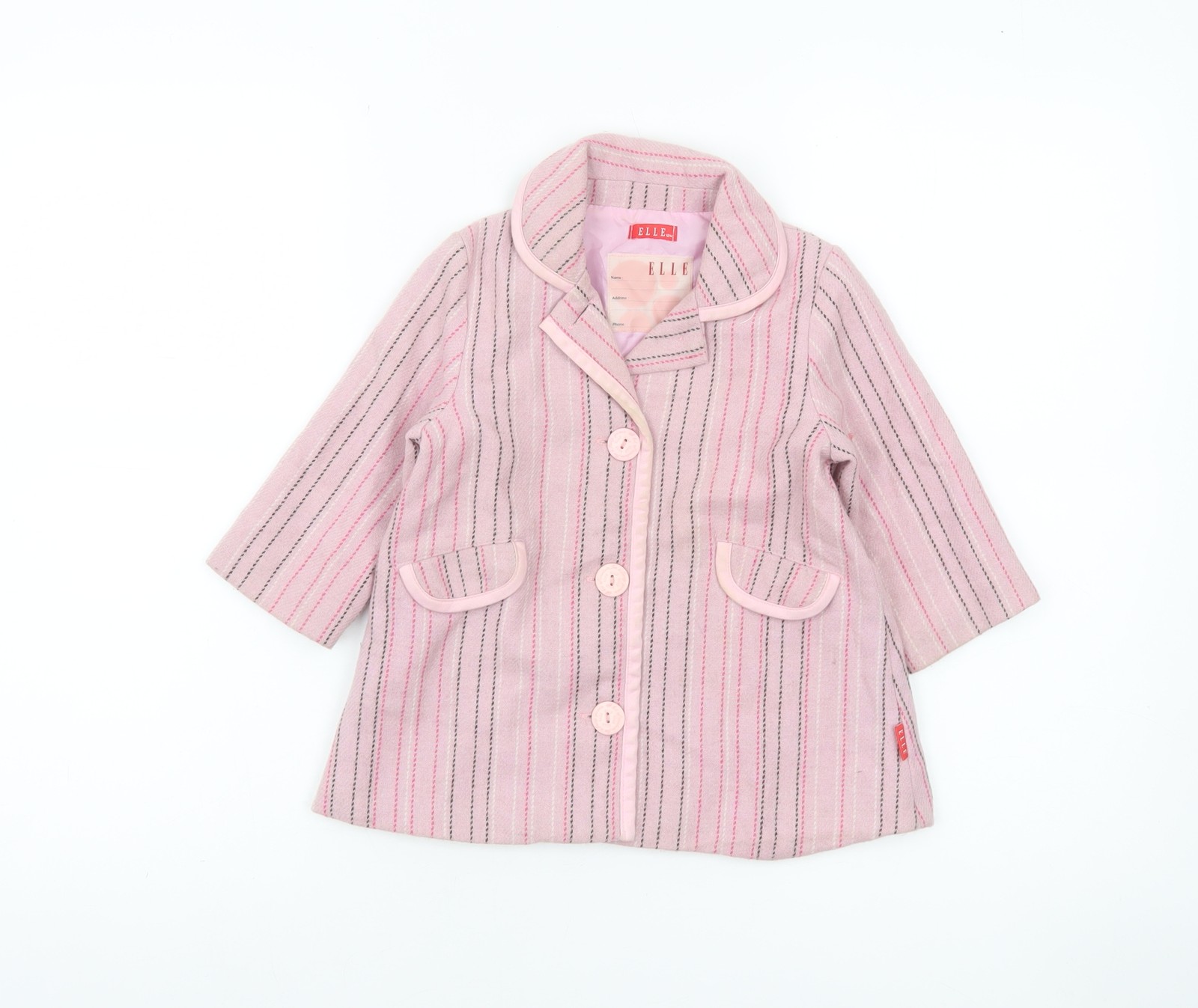 Abrigo ELLE Niñas Rosa Rayas Mezcla Lana 12 Meses Forrado Botón Estilo Clásico
