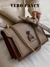 Women  s Beige Brown Crossbody Bag Gold Chain Hardware Bee Accent Snap Medium