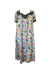 Vtg Vanity Fair Floral Size L Nylon Black Lace Short Sleeve Lingerie Nightgown