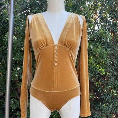 Makers of Dreams Velvet Bodysuit Large Gold Cold Shoulder Romantic Grunge