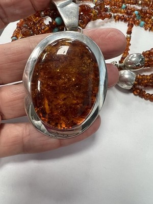 Jay King DTR Vtg Turquoise And Amber Sterling Silver Pendant Beaded Necklace