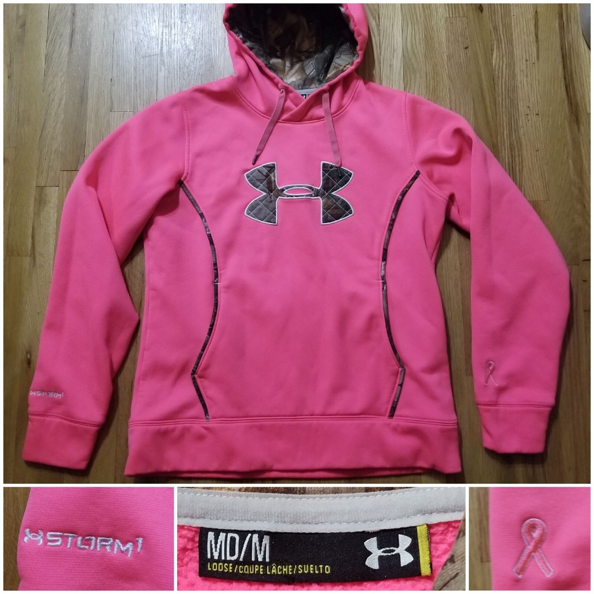 Under Armour Storm Pink Camo Hoodie Women M Loose Pullover Breast Cancer  Ribbon - Main Image