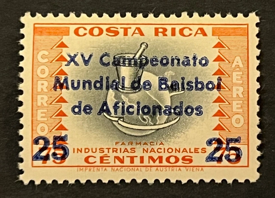 Sellos de viaje: 1961 estampillas de correo aéreo de Costa Rica 25c OP en 75c “Béisbol” OP MNH OG Foto 2 de 4