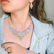 4pcs Silver Plated Yellow Cubic Zirconia Long Chandelier Drop Bridal Jewelry Set