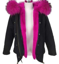 Women's New M Black Winter Jacket Coat Parka Pink Raccoon Fur HOOD Fur Lining