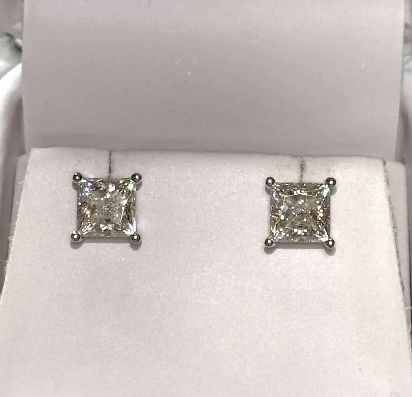 2-Piece Princess Cut Moissanite Stud Earrings in 14K White Gold Plated Push Back Setting