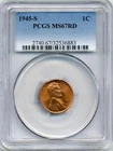 1945-S Red Lincoln Cent, Superb Uncirculated, PCGS MS67 RD