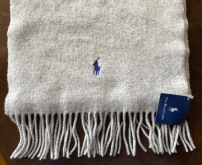 New NWT Polo Ralph Lauren Lambs Wool Light Gray Heather Scarf Blue Pony  Logo