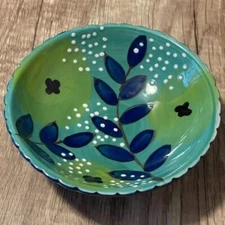 Kait Kelsey Anthropologie Leaf Floral Dot Blue Green Stoneware Trinket Dish