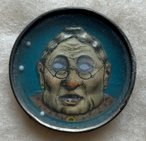 Old Woman Googly Eyes Dexterity Puzzle Tin Toy Germany Antique Mirror Back