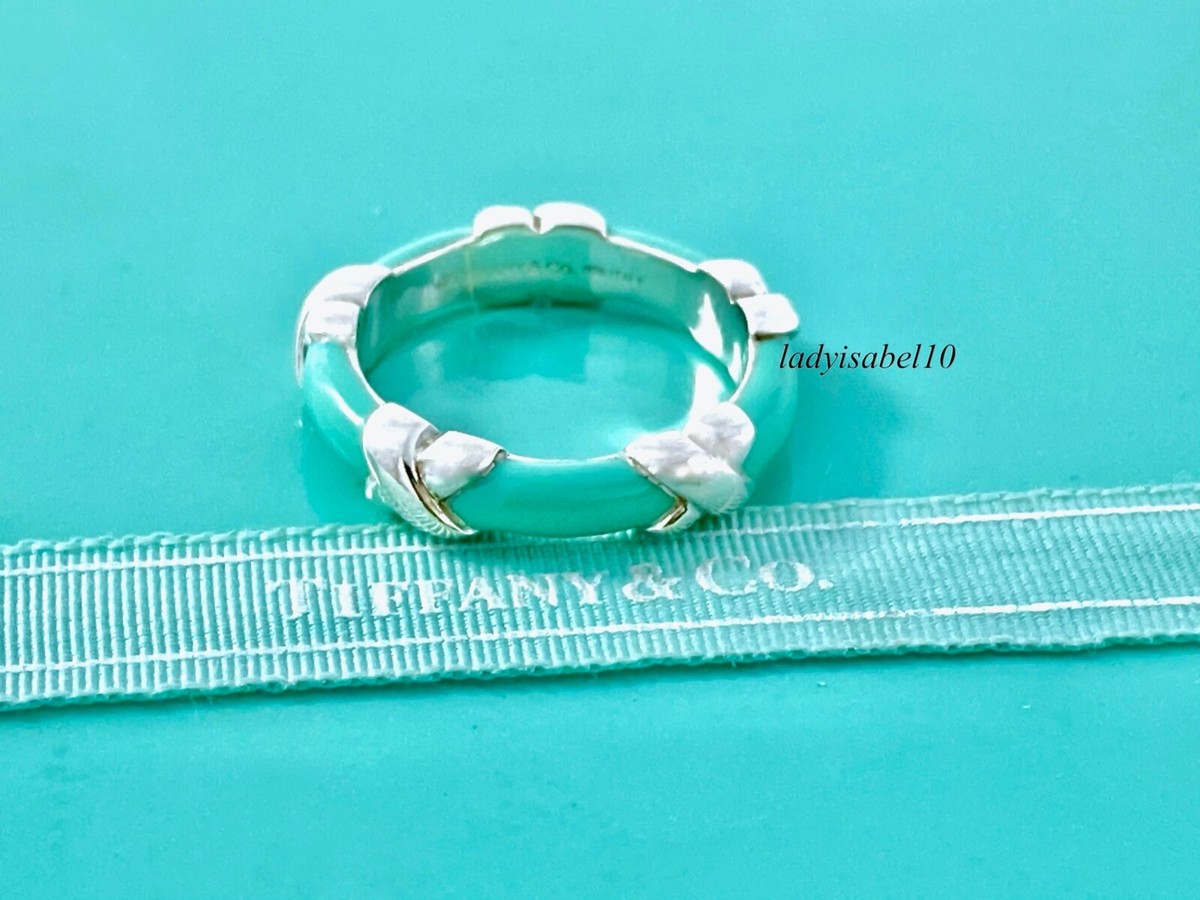 Tiffany & Co. Sz 5 Blue Enamel Signature X Band Ring 925